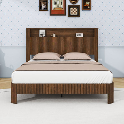 Wave-Design Platform Bed with Integrated Charging Station and Storage Headborad