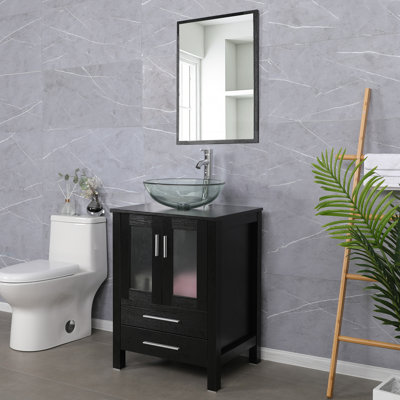  24" Single Bathroom Vanity Set with Manufactured Wood Top, Glass Vessel Sink, Faucet, Drain