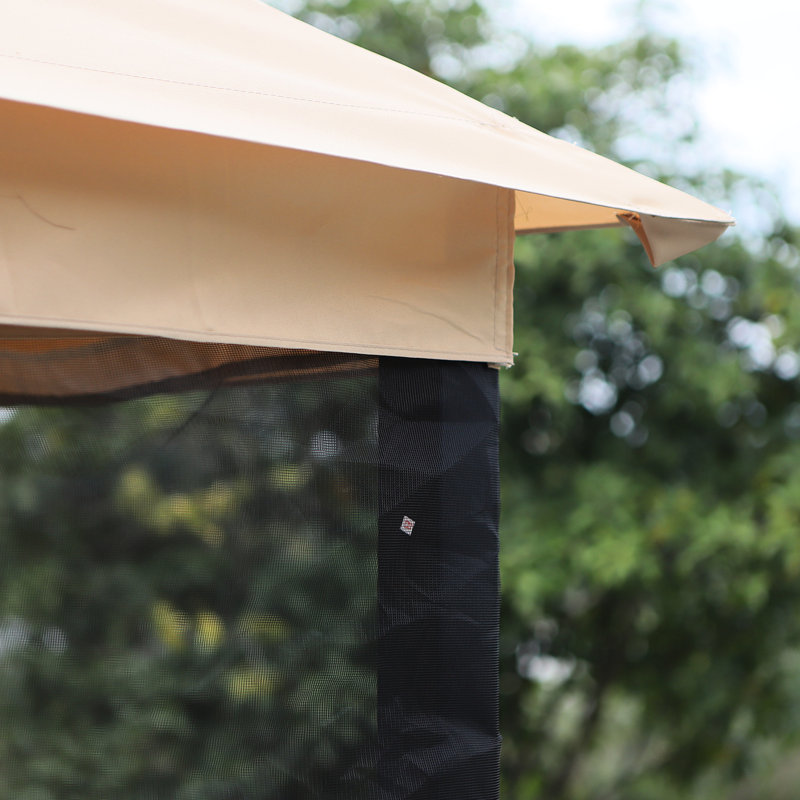 Balancelle de patio pour 3 personnes, beige, 2 auvent, parois latérales en filet, siège rembourré, délicat 3 avec auvent à deux niveaux et coussins beiges pour l'extérieur