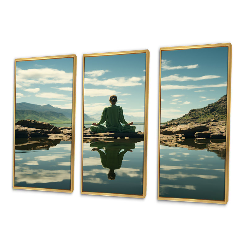 Ensemble de décoration murale Yogic Balance Horizon II - Yoga, Cadre flottant doré, H 32 po x l 48 po x P 1 po