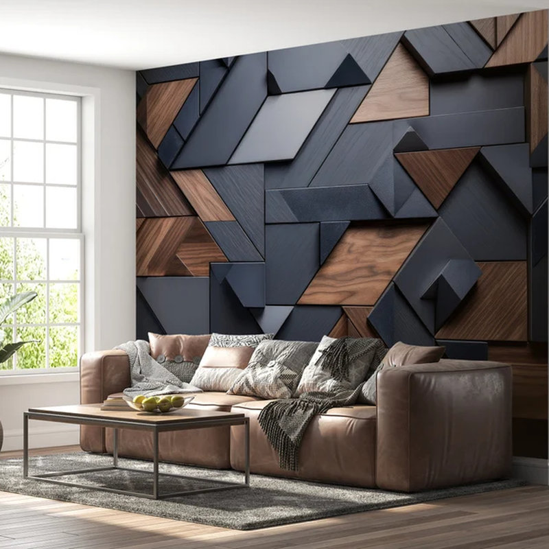 Modern Dark Wood 3D Geometric Panel Wall Mural Design, 108" L x 96" W