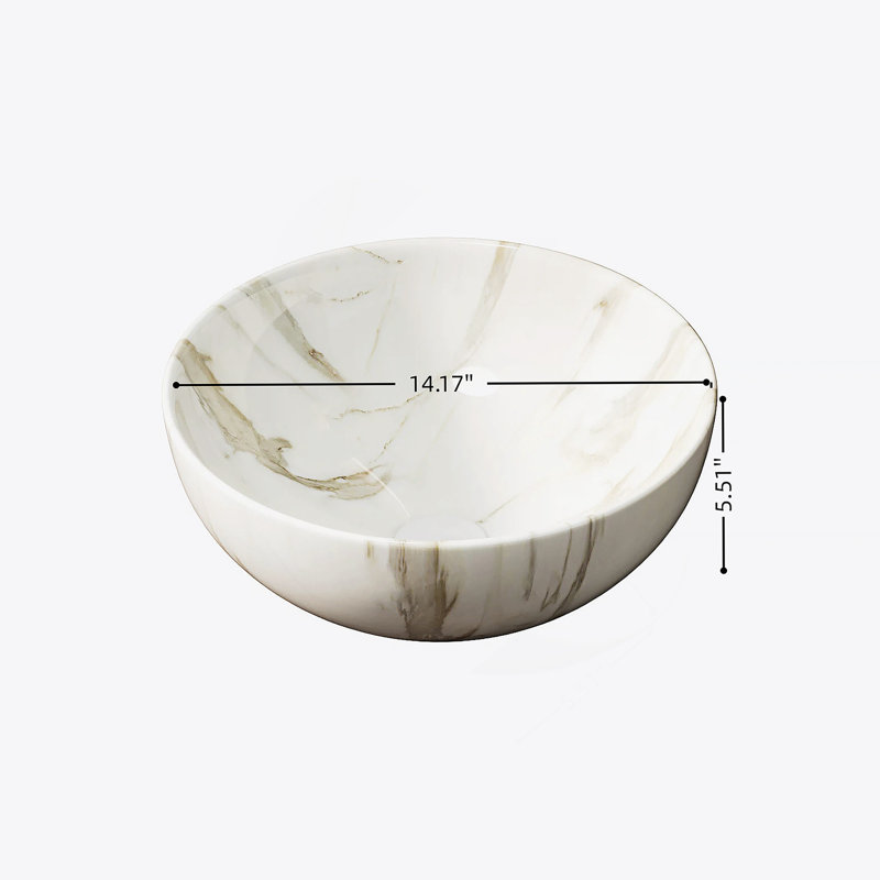 14'' Bathroom Sink, Bowl Vessel Ceramic Sink With Stone Pattern Without Faucet, NO Cabinet, Matte White, White