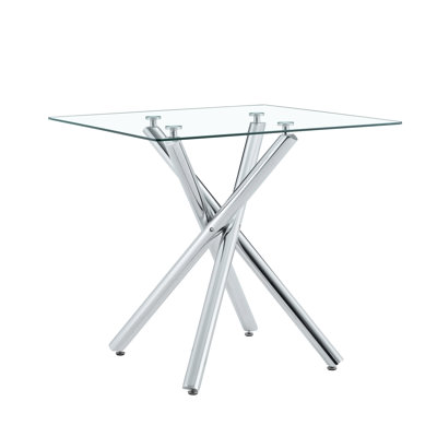 Table de bar moderne en métal galvanisé avec plateau en verre trempé, table de pub robuste à pieds croisés pour bar à la maison, îlot de cuisine, salon