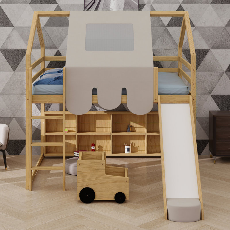 Structure de lit en mezzanine avec tente, Naturel / Beige, Lit double