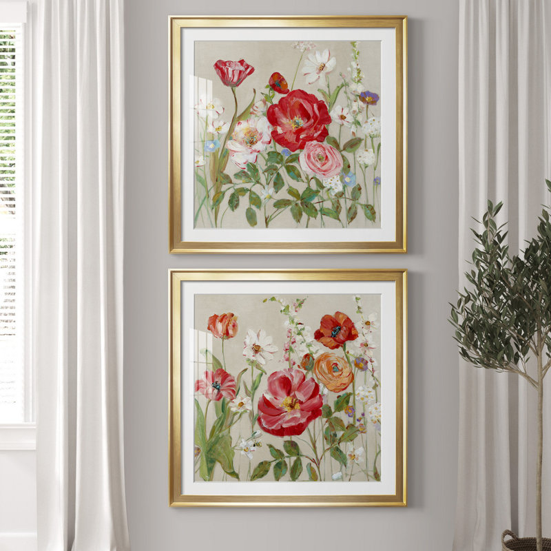 «Garden Menagerie I», ensemble de 2 reproductions d'art encadrées, Papier encadré doré, H 30,5 po x l 61 po x P 1,5 po, Blanc