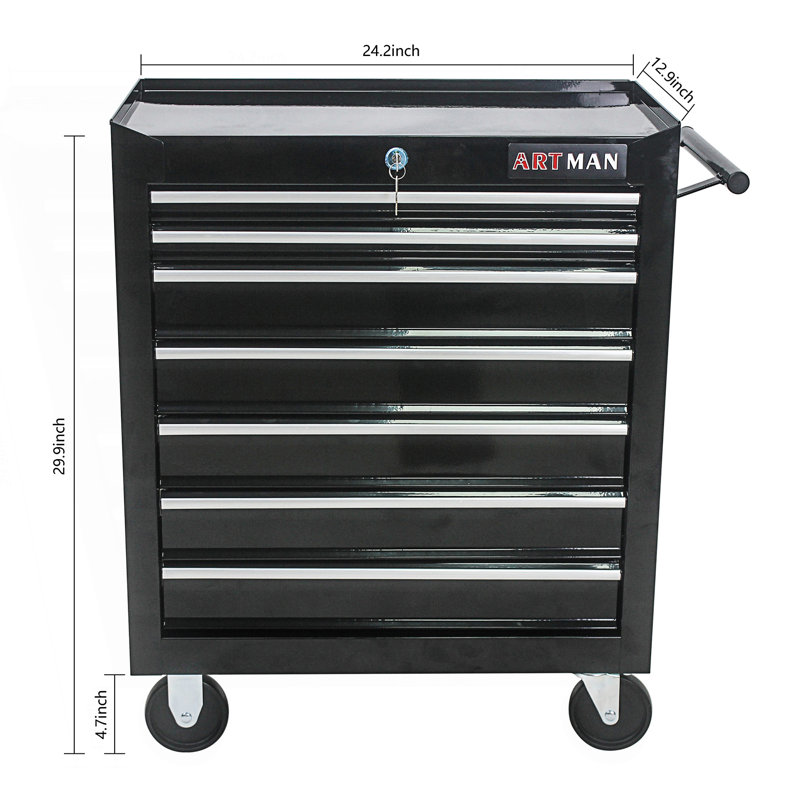 7 Drawers Multifunctional Tool Cart With Wheels, Accent Cabinet, Living Room Storage Cabinet, Black