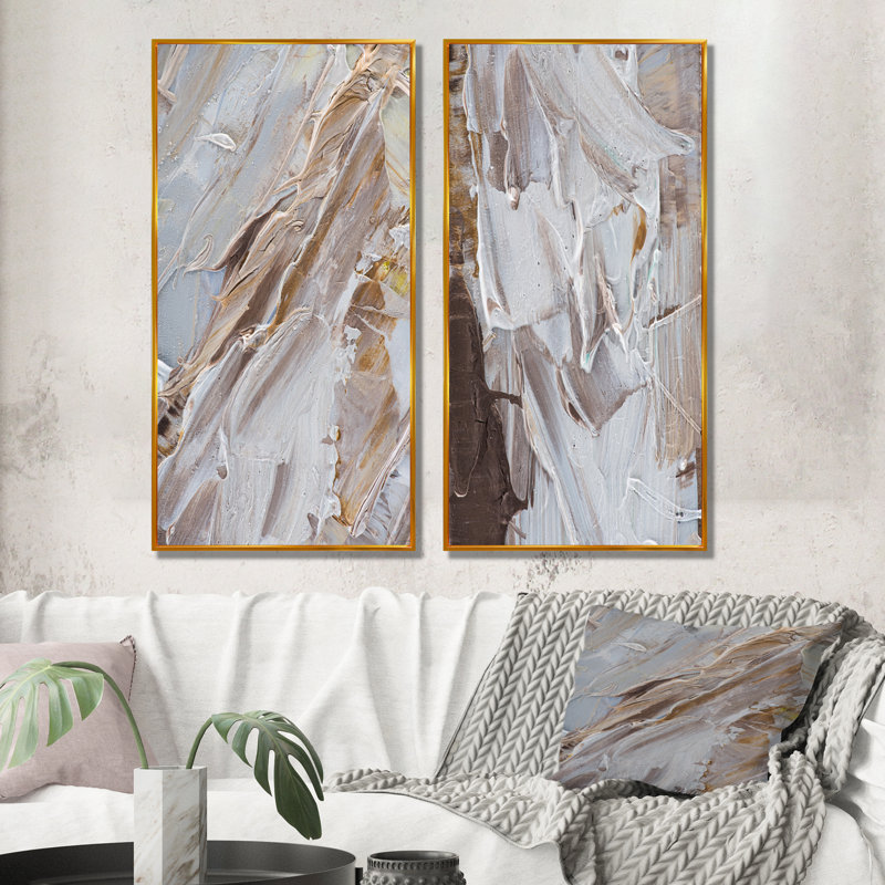 «Abstract Beige Brown Brush», ensemble de 2 peintures sur toiles, H 20 po x l 24 po x P 1 po, Cadre flottant doré