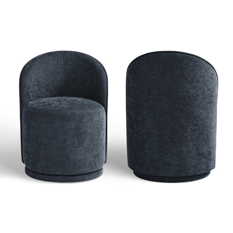 Upholstered Modern Navy Polyester Blend Barrel Swivel Side Dining Chair (Set of 2), Navy Cotton Linen
