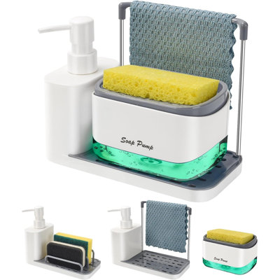 Hand and Dish Soap Dispenser Set with Tray, Dual Soap Dispenser with Sponge Holder and Dishcloth Holder 5-in-1 Organizer for Kitchen Sink Countertop Storage Organize - Useful Kitchen Gadgets