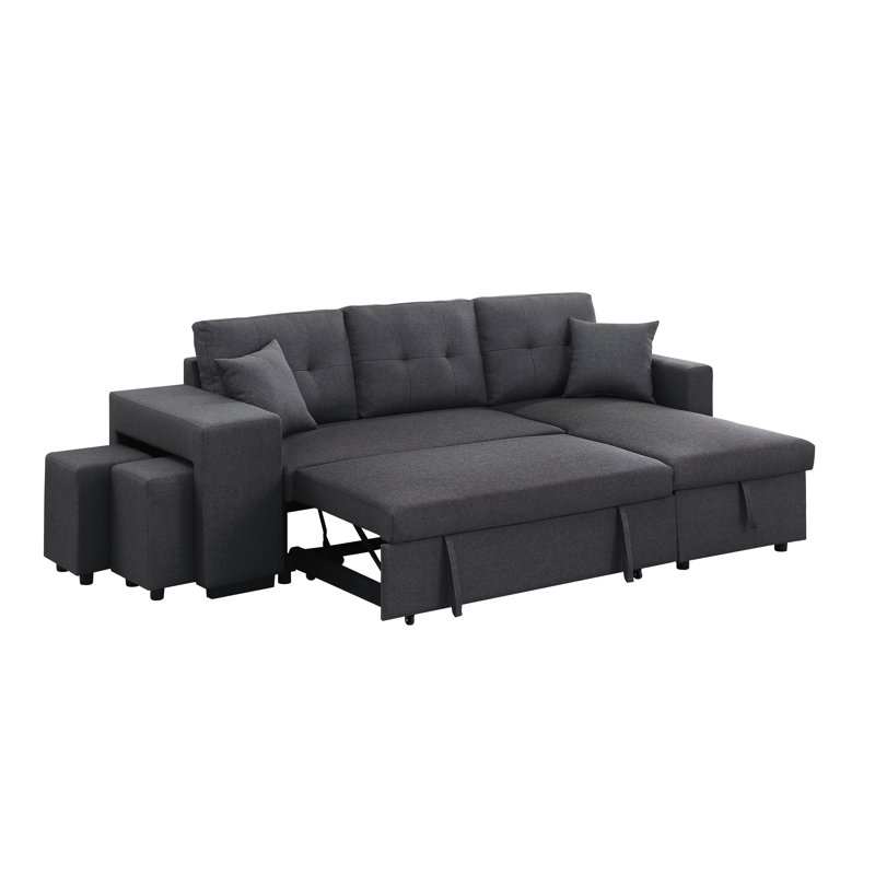 Canapé-lit modulaire réversible avec 2 tabourets Palice Renaissance Revival, 100 % lin gris foncé, Orienté à droite