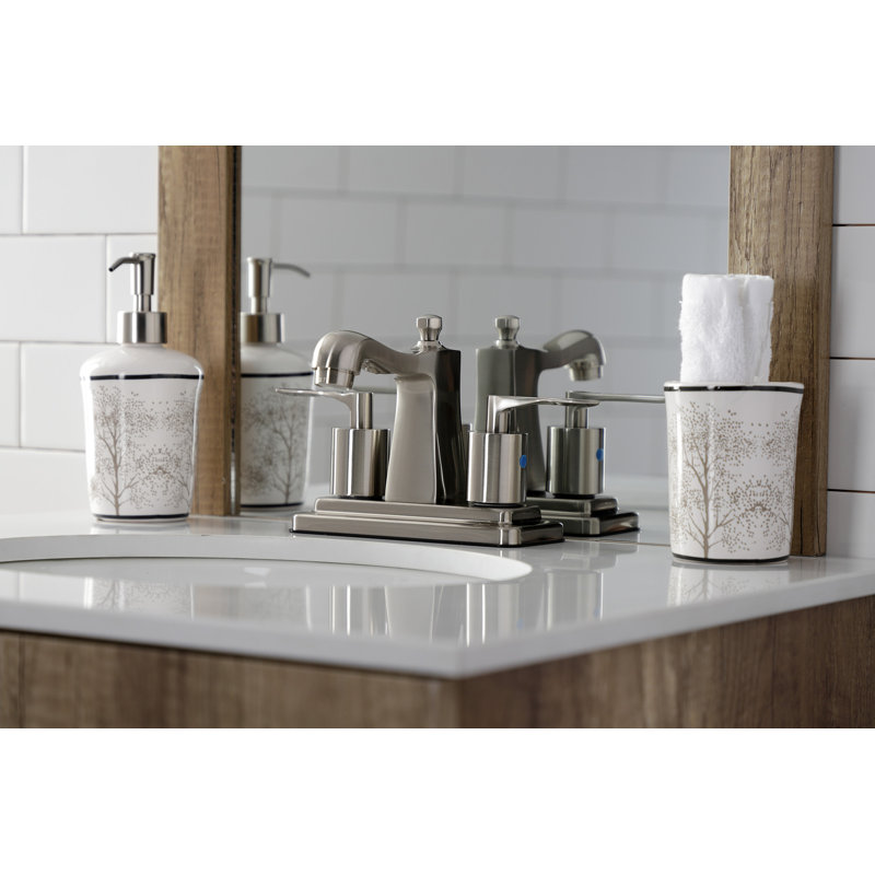Kingston Brass Serena Two-Handle 3-Hole Deck Mount 4" Centerset Bathroom Faucet with Plastic Pop-Up, Brushed Nickel