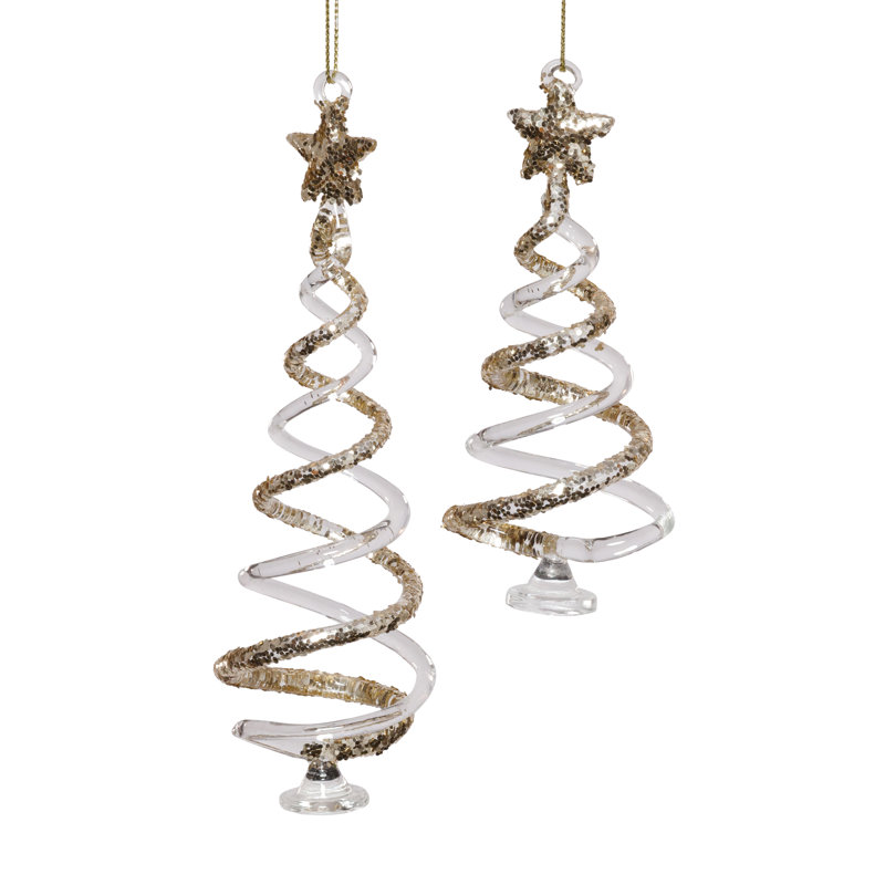 Ornements d'arbre en verre transparent torsadé avec paillettes dorées, 12 pièces suspendues (6 ensembles de 2)