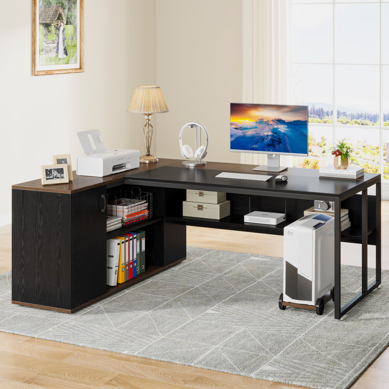 Bureau de direction en L 71 po avec armoire de rangement et tablettes, Marbre noir