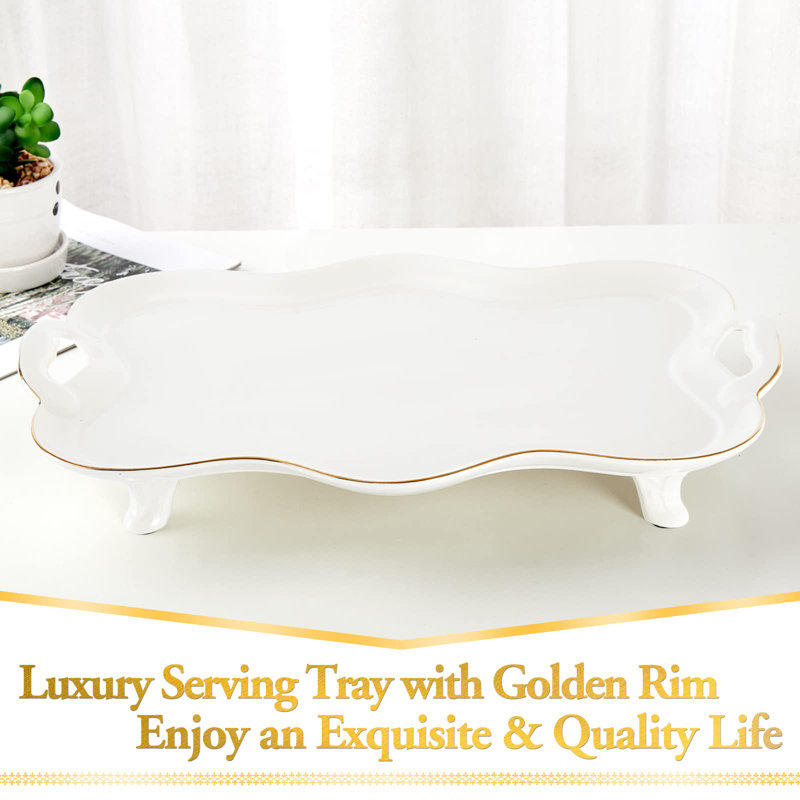 White Porcelain Serving Tray with Gold Rim and Handles