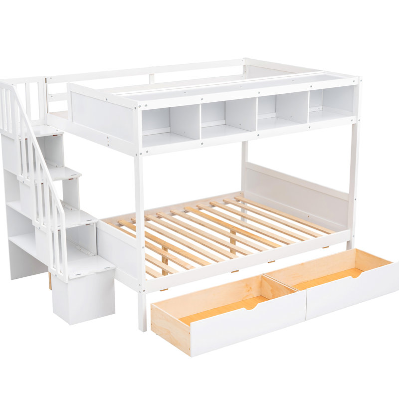 Lit superposé blanc avec tablette, rangement et 2 escaliers, Blanc