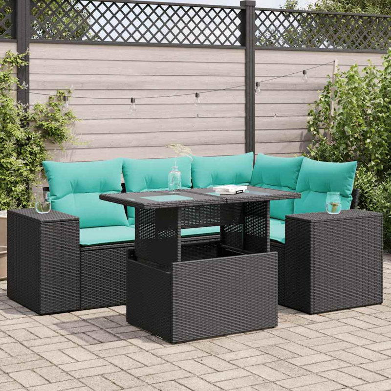  6 Piece Patio Sofa Set With Cushions Poly Rattan Acacia, Black, Green