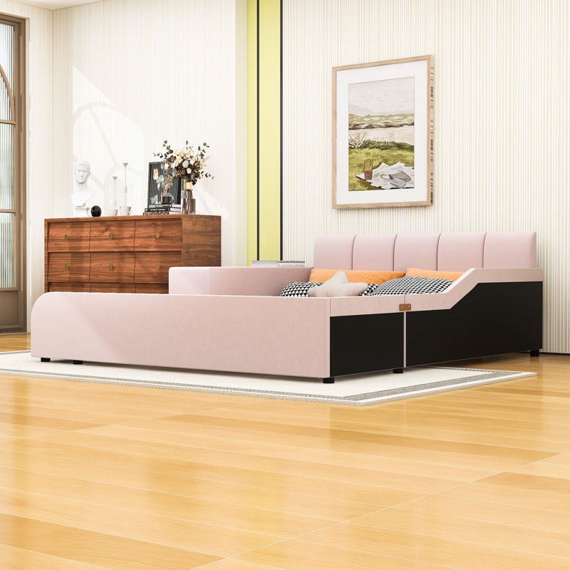 Lit plateforme tapissier luxueux en velours avec bureau, tabouret rond et rails de sécurité, Grand lit, Pink