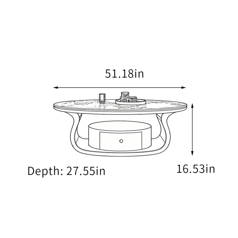 Table basse moderne ovale avec base en acier inoxydable, Doré, 16.53" H x 51.18" L x 27.55" W