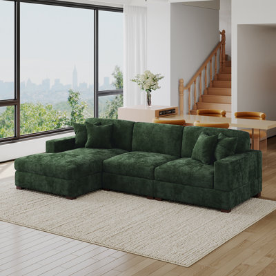 3 - Piece Upholstered Green Chenille Modular Sectional Sofa with Armrests & Throw Pillows