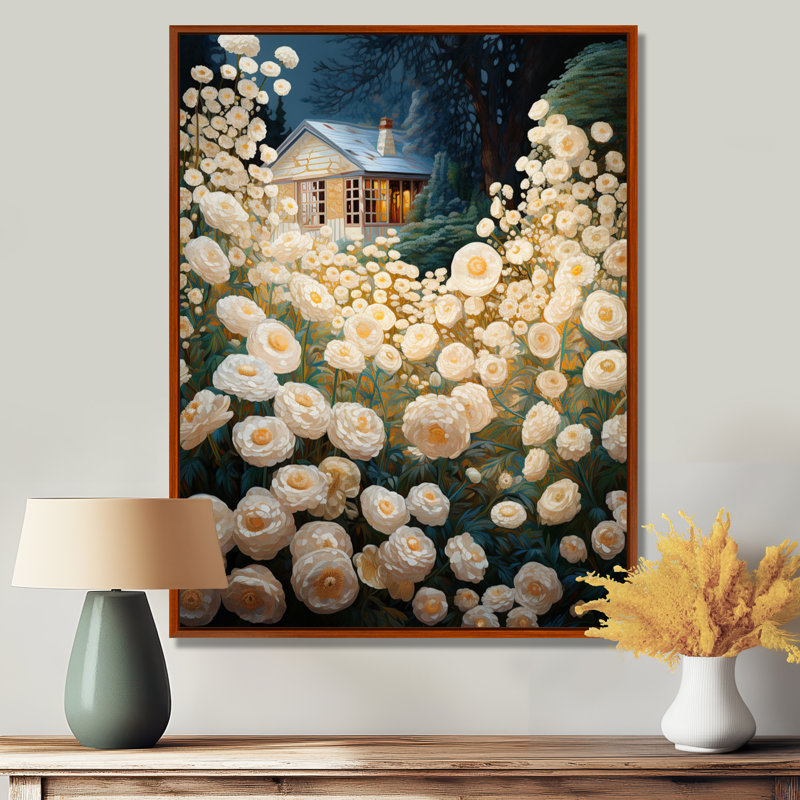 «White Blossoming Flowers Country House», art mural paysage, H 20 po x l 12 po x P 1 po, Toile avec cadre flottant noir