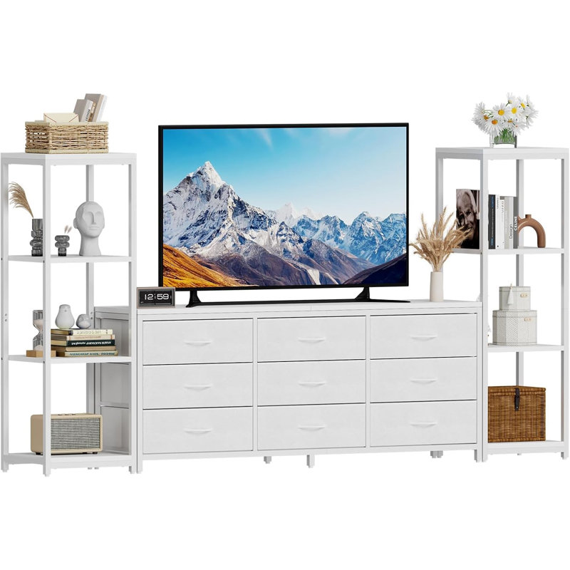 Meuble télé 89 po pour téléviseur 75 po - Meuble audio-vidéo avec tiroirs en tissu et 4 tablettes ouvertes, console de rangement moderne