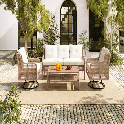 Ensemble de meubles de patio 4 pièces avec chaises pivotantes, canapés d'extérieur en osier pour 5 personnes, ensemble de conversation modulaire en rotin pour terrasse près de la piscine