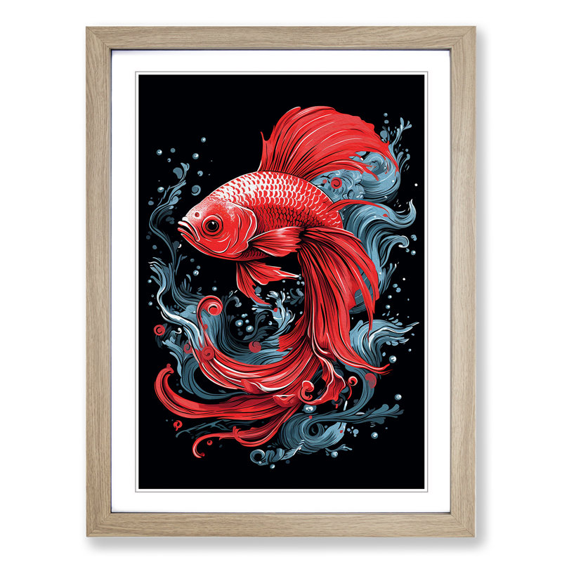 Siamese Fighting Fish Line - Framed Print, 34cm H x 25cm W x 2cm D, Oak 