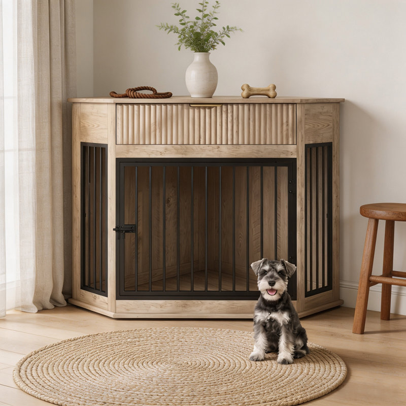 Meuble de rangement de 44,6 po en MDF avec tiroir cannelé et table de bout pour chenil pour animaux de compagnie