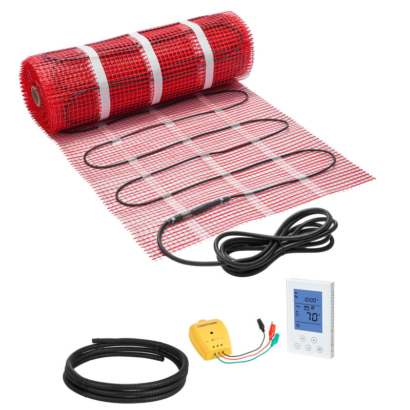 Système de tapis chauffant auto-adhésif en maille de 50 pieds carrés, système de plancher chauffant électrique radiant 120 V, avec thermostat et alarme à contrôle intelligent, installation facile pour les carreaux, la pierre, le vinyle