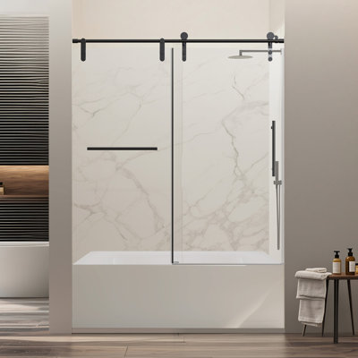 56-60" W * 66" H Frameless Single Sliding Shower Doors, Bathroom Sliding Shower Door With Towel Rail And Auxiliary Handle, 5/16" (8Mm) Thick SGCC Tempered Glass Door, Matte Black (No Soft-Close)