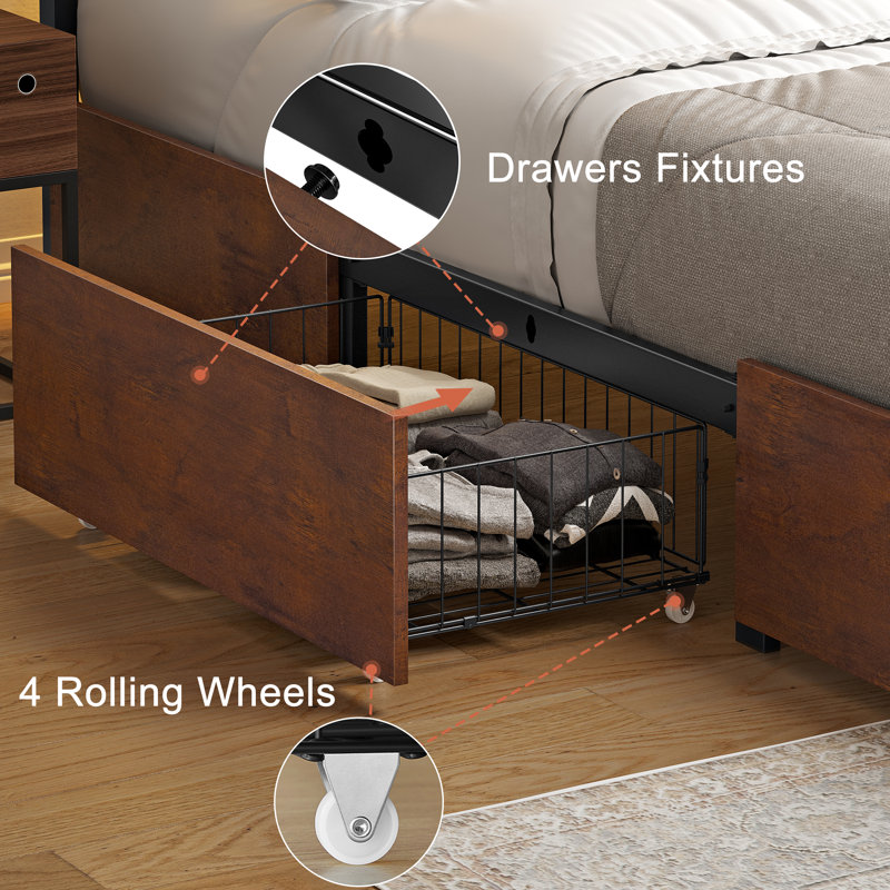 Modern Full Bed with 4 Drawers and Open Storage Headboard, Adjustable LED Light and Charging Station, No Box Spring Needed