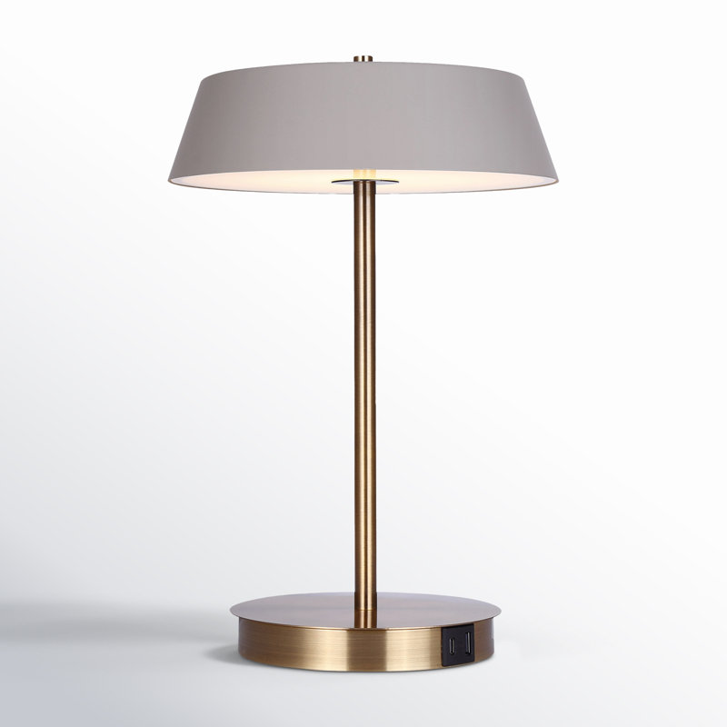 Pretoria 14 In. Integrated LED Brushed Nickel Table Lamp With Teal Metal Shade, On/Off Touch, And USB Chargeports, Gold, Gray