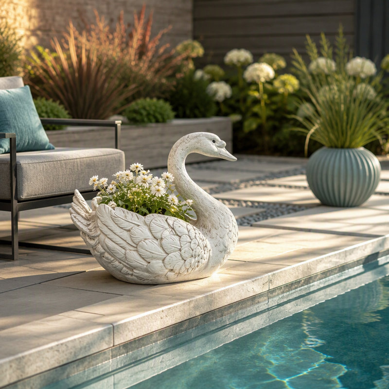12,6 po de haut Statue de cygne en résine avec pot de fleurs et sculpture de plumes