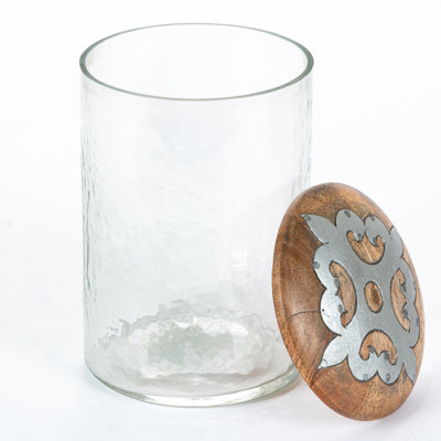 Small Heritage Collection 4.6-Inch High Glass Jar and Metal Inlay Wood Top