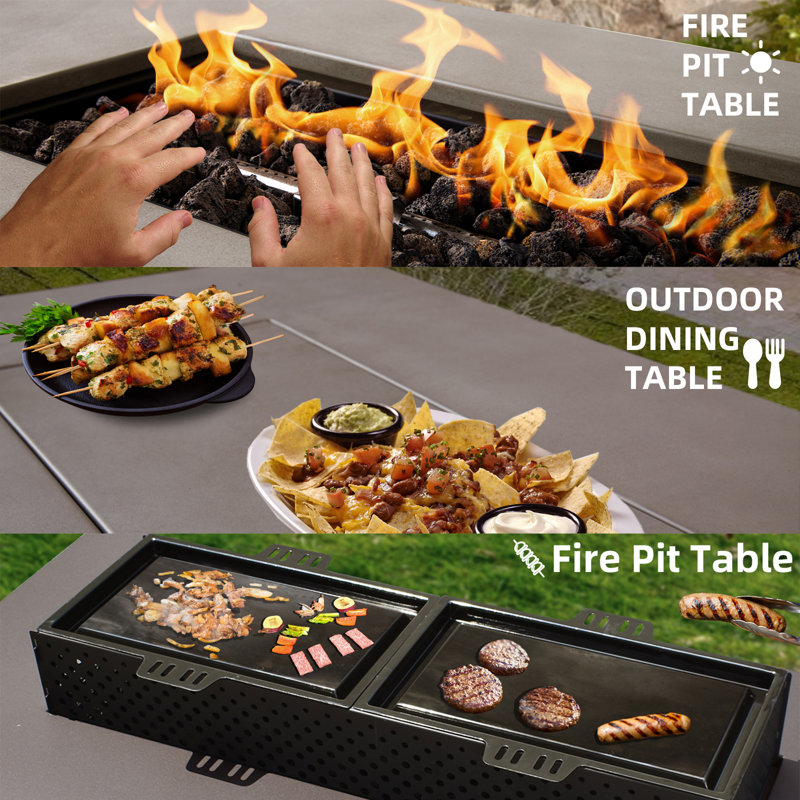 48'' W Rectangular Propane Fire Pit Table, 3-in-1 50,000BTU Firepit Table with Tank Cover, Griddle for Outside Patio, Gray