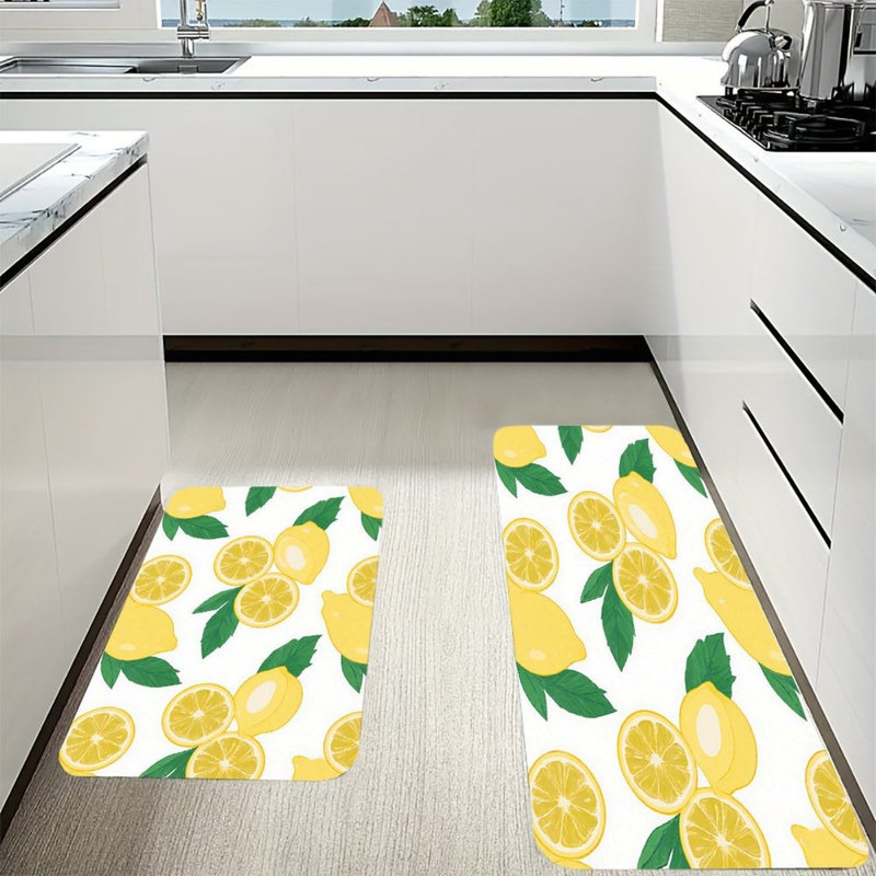 Ensemble de 2 tapis de cuisine à motif citron vif, Floral blanc