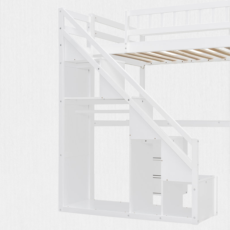 Loft Bed With Built-In Desk And Storage Staircase, Lit simple, Blanc