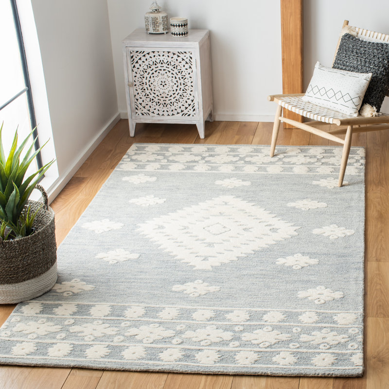 Tapis gris clair en laine / coton touffeté à la main, Rectangle 8 pi x 10 pi