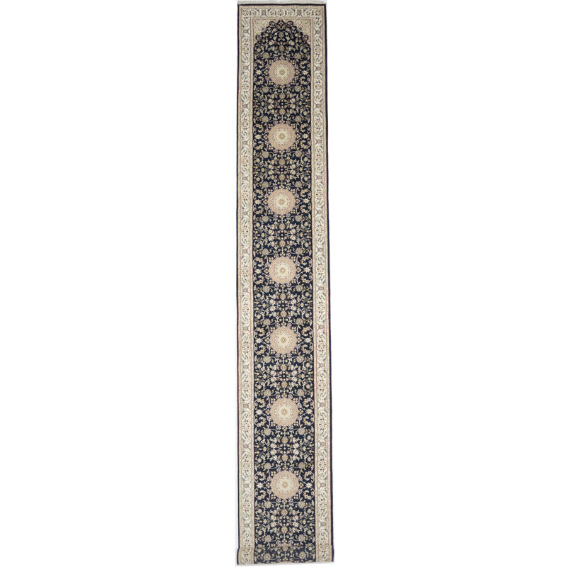 Tapis de couloir oriental bleu en laine noué à la main 2 pi 8 po x 18 pi