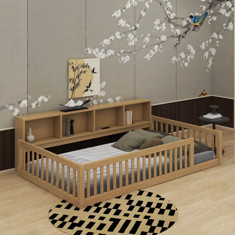 Lit en bois simple TG avec armoires et port USB, Brun