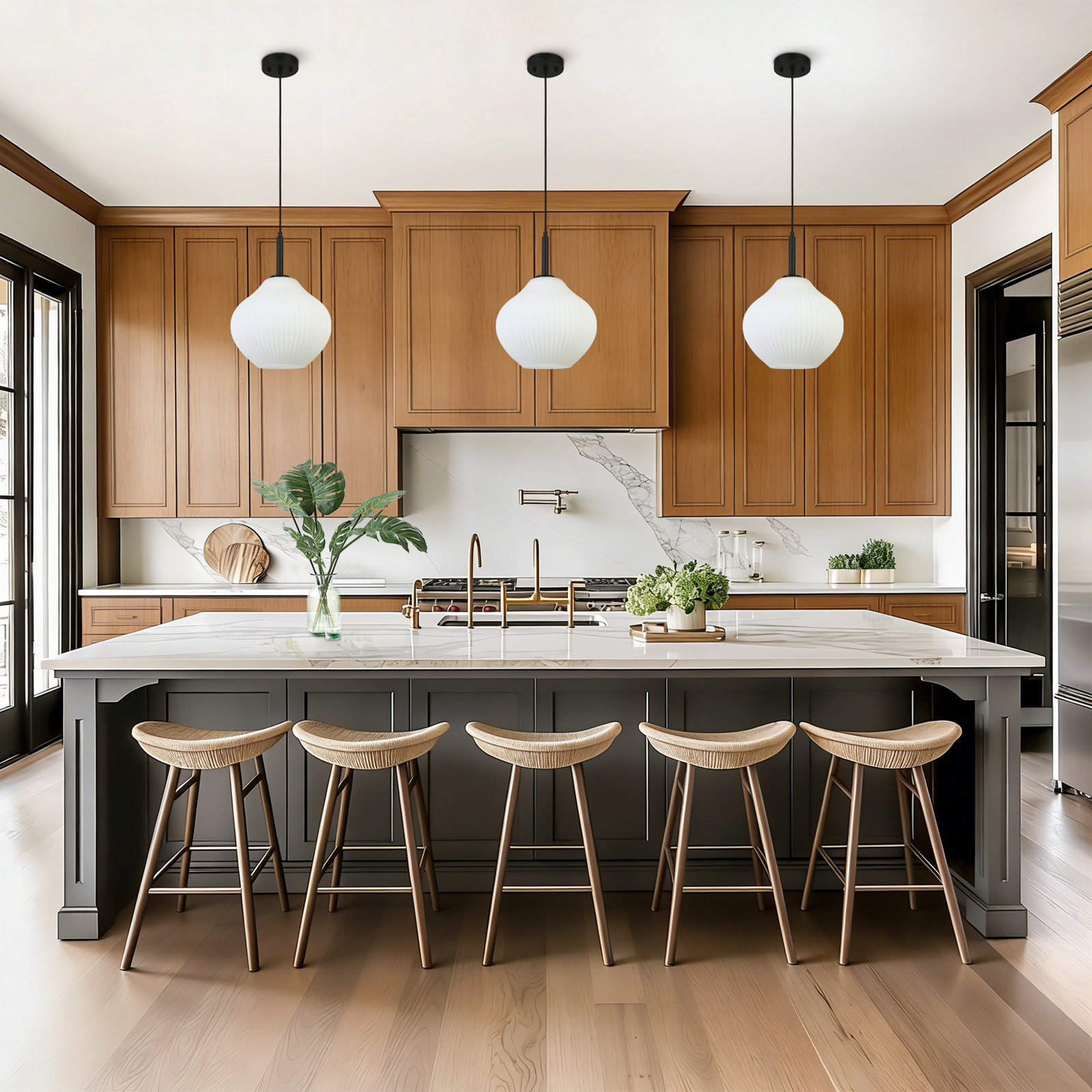 1- Light Modern Ribbed Glass Pendant Light, Matte Black