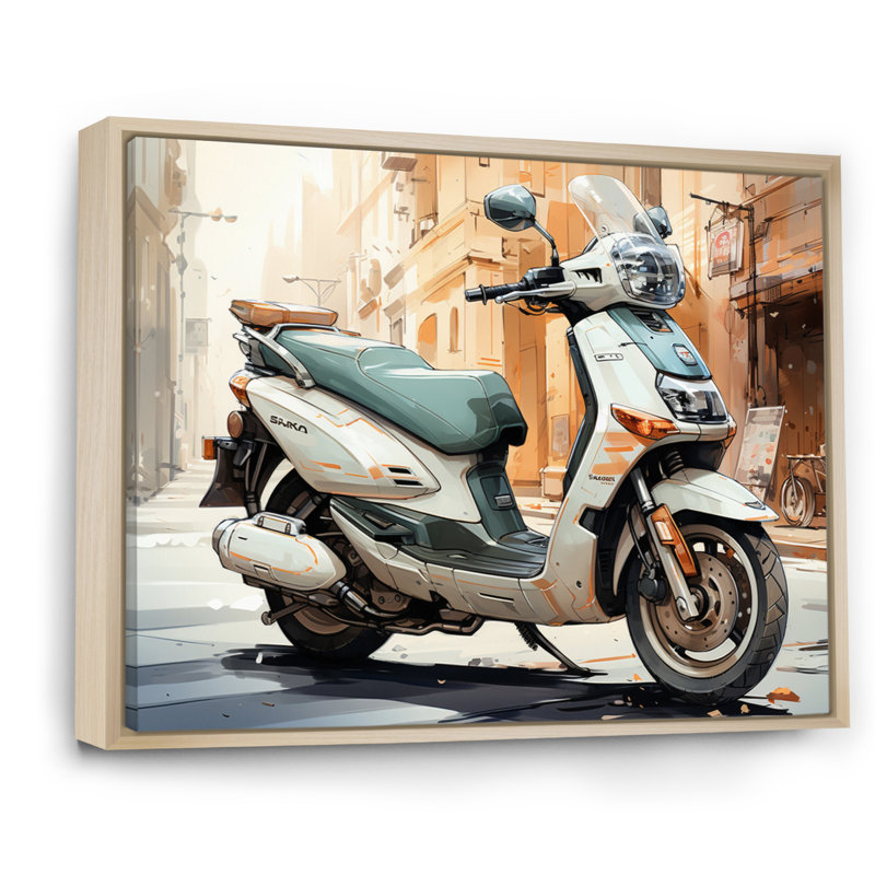" Beige Scooter City Explorer ", 12" H x 20" W x 1" D, Natural Floater Framed