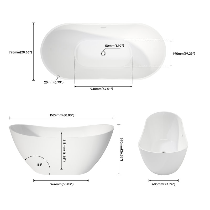 Acrylic 6029 Inch White Soaker Tub, Luxury Design, Non-Slip And Low Maintenance Upgrade Comfortable Versatile, High Gloss