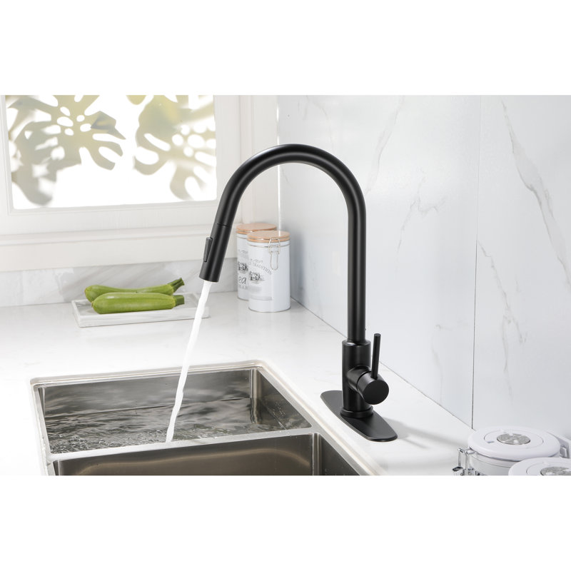 Matt Black Kitchen Faucet With Pull Down Spray Head - Stainless Steel, 360 Rotating Nozzle, Corrosion And Rust Surface, Single Handle For Water Temperature Regulation In Steel Material, Treatment,