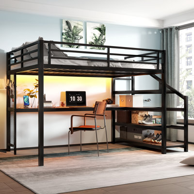 Grand lit mezzanine avec bureau et escalier de rangement, lits mezzanine en métal avec lumières DEL, ports USB, filets en fer multifonctionnels, aucune boîte à ressorts requise et silencieux, noir