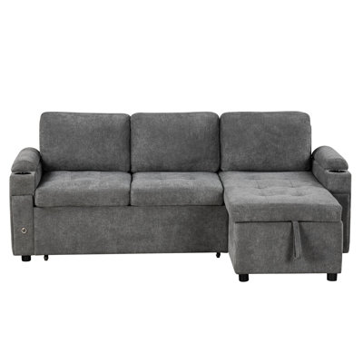 Convertible Bed Sectional With Hidden Storage, Cup Holders, Ports, Soft Chenille, Gray For Living Room 83.5" Reversible Chaise,