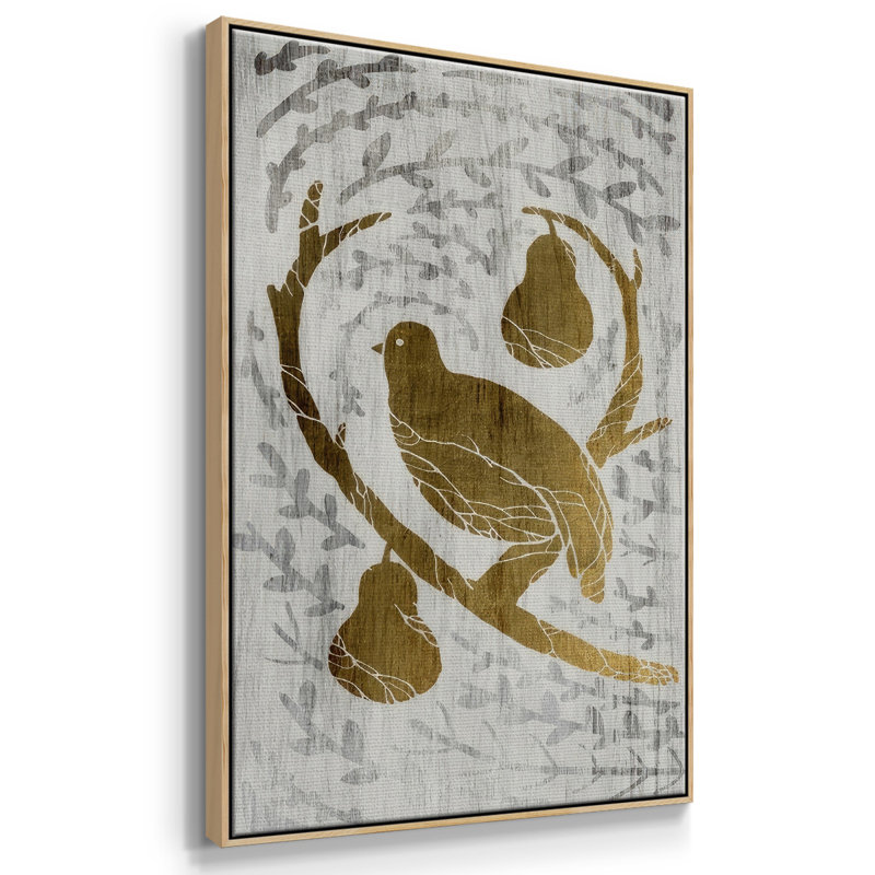Perdrix dans un poirier - feuille d'or des Fêtes encadrée sur toile, H 25 po x l 17 po x P 1,5 po, Naturel