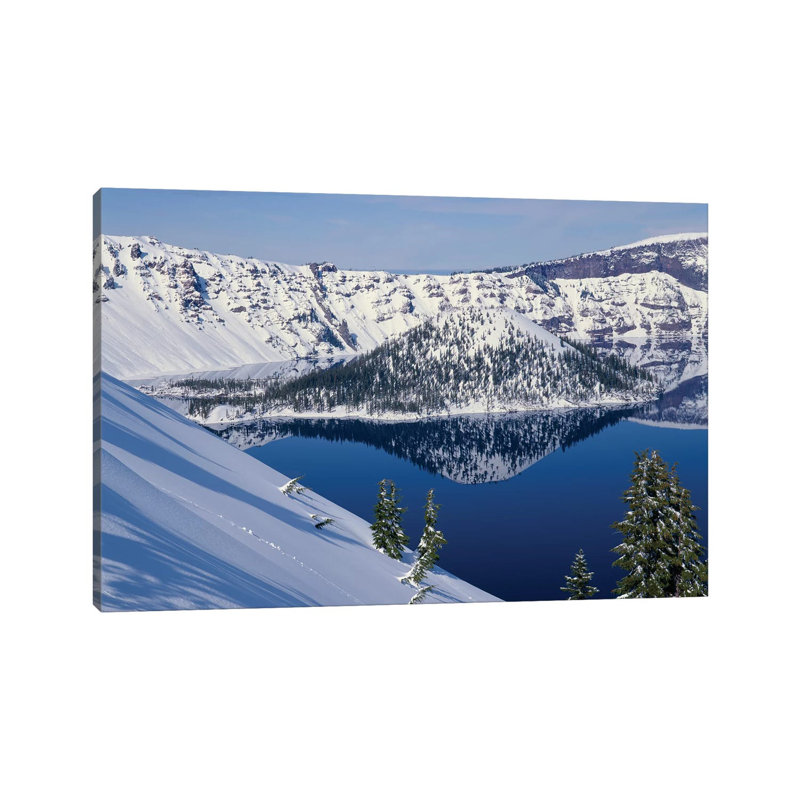 USA, Oregon, Crater Lake National Park. Winter Snow on West Rim of Crater Lake and Wizard Island. 1 Piece Wrapped Canvas Wall Art