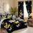 Twin Size 9-Piece Black & Gold Butterfly Bedding & Curtain Set - Quilted Microfiber Bedspread + Sheer Drapes-126305078-128613264