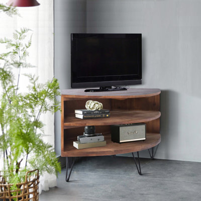 Fan Shape Corner Media Table with Reclaimed Wood Finish